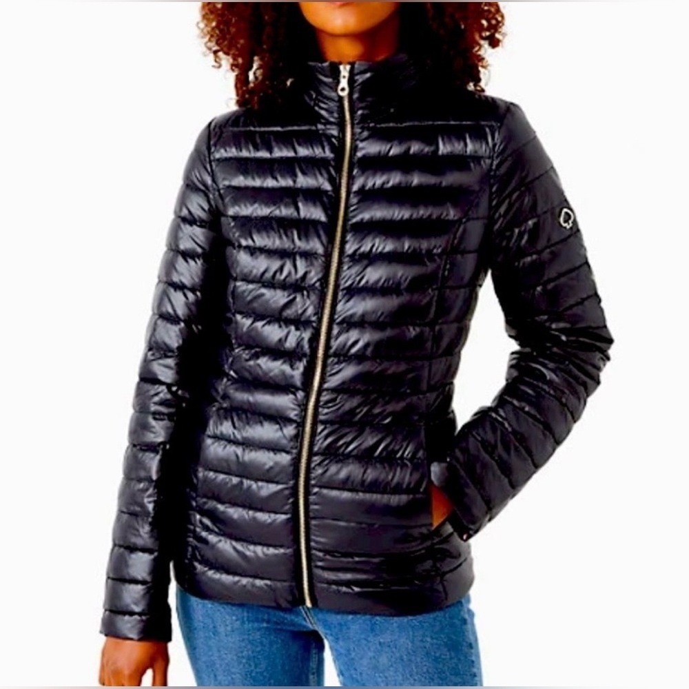 Kate Spade Packable Down Jacket Black Hooded Puffer Quilted Coat Size Large NWOT